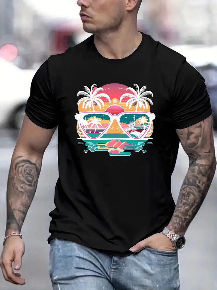 Coconut Tree Sunglasses Print, Men's Round Neck Short Sleeved Shirt, Casual And Comfortable Breathable Top For Spring And Summer Vacation, Men's Casual Vacation As A Gift Super Amazing Store