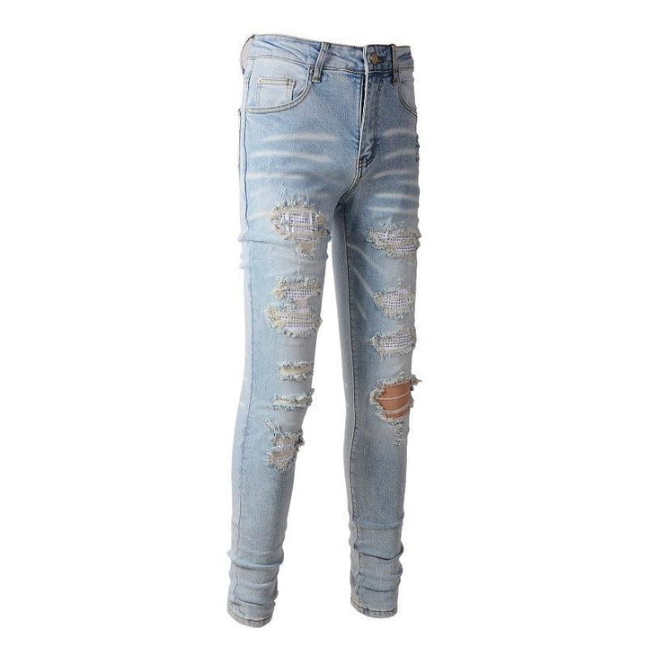 Light Colored Hot Diamond Patch With Holes In Elastic Tight Jeans For Men - Super Amazing Store