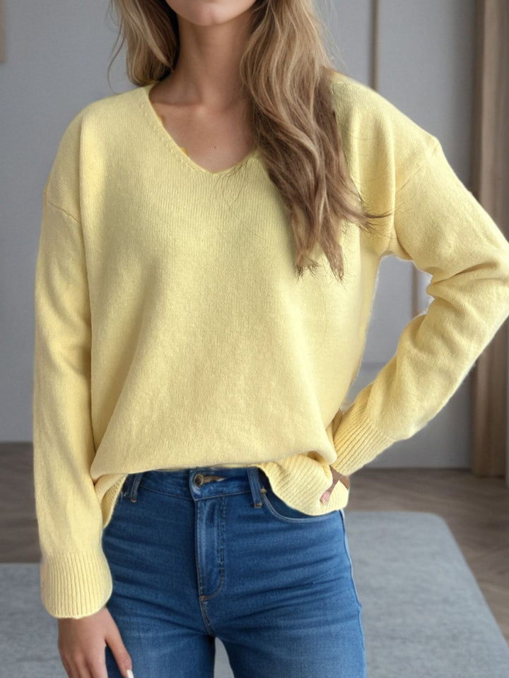 V-Neck Dropped Shoulder Long Sleeve Sweater Trendsi