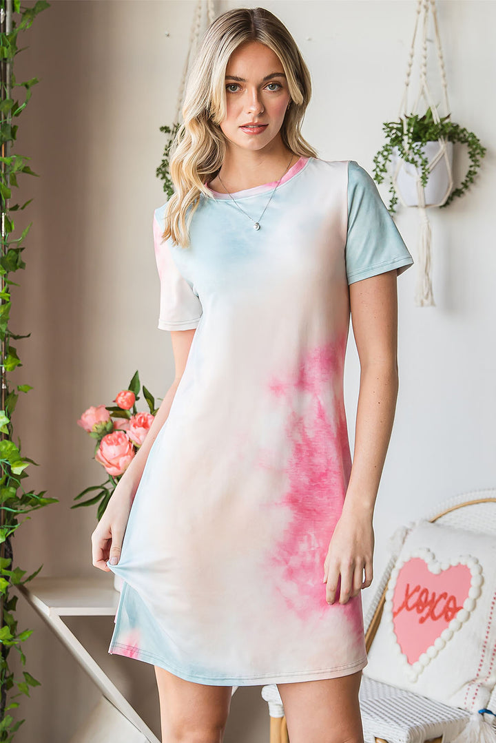 Tie-Dye Round Neck Short Sleeve Slit Dress Trendsi