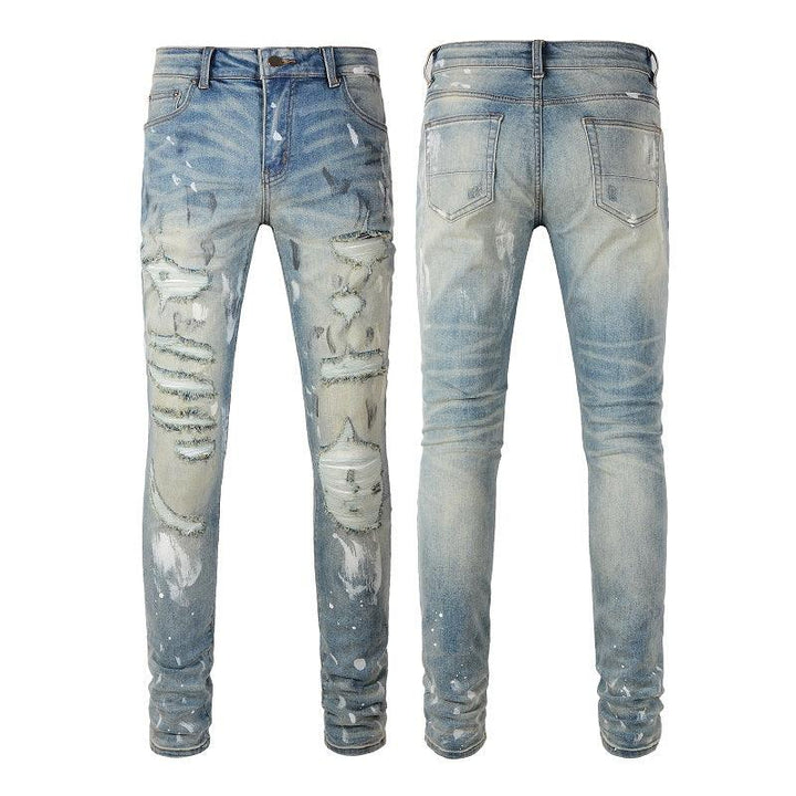 Torn Graffiti Old Wash Stretchy Slim Jeans Men - Super Amazing Store