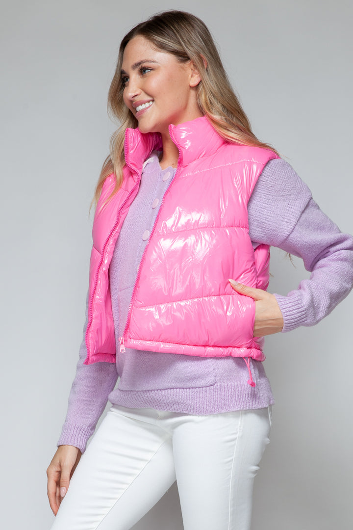 Snobbish Zip Up Turtleneck Shiny Quilted Vest Trendsi