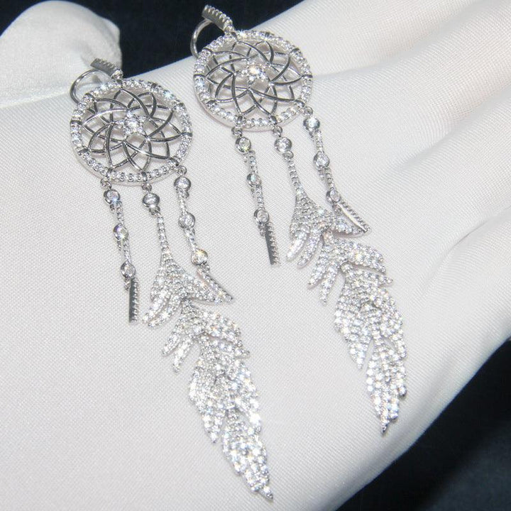 Sterling Silver Earrings Set With Diamonds To Catch Dream Net Feathers - Super Amazing Store