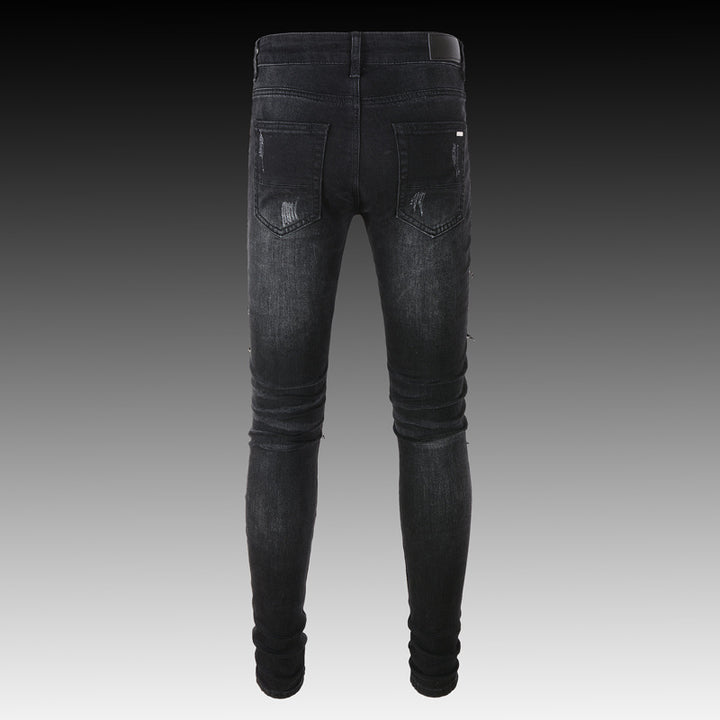 European Station High Street New Fashion Brand Leopard Print Ripped Men's Denim Trousers-Super Amazing Store