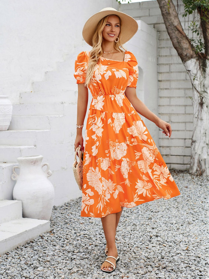 Printed Asymmetric Neck Short Sleeve Midi Dress Trendsi