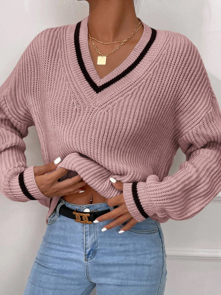 Winter Women's Knit V Neck Sweaters Casual Long Sleeve Striped Pullover Sweater - Super Amazing Store