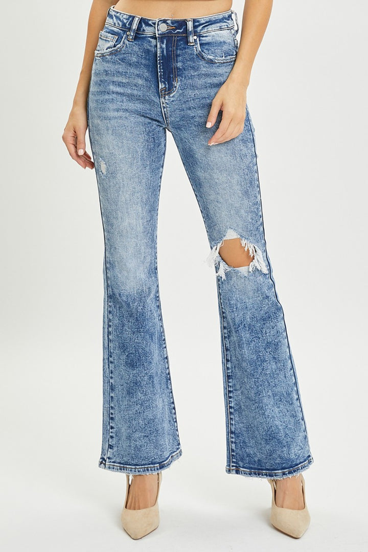 RISEN Full Size High Rise Distressed Flare Jeans Trendsi