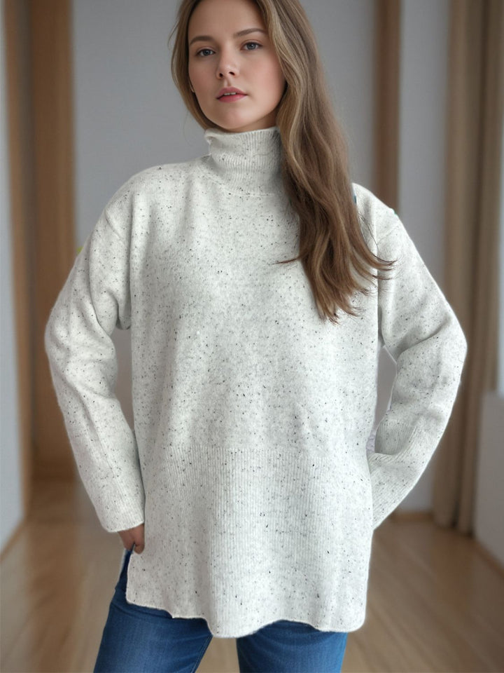 Side Slit Turtleneck Long Sleeve Sweater Trendsi