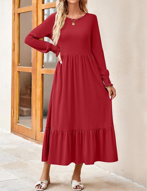 Women's Smocking Long Sleeve Round Neck Mid-length Dress Q2