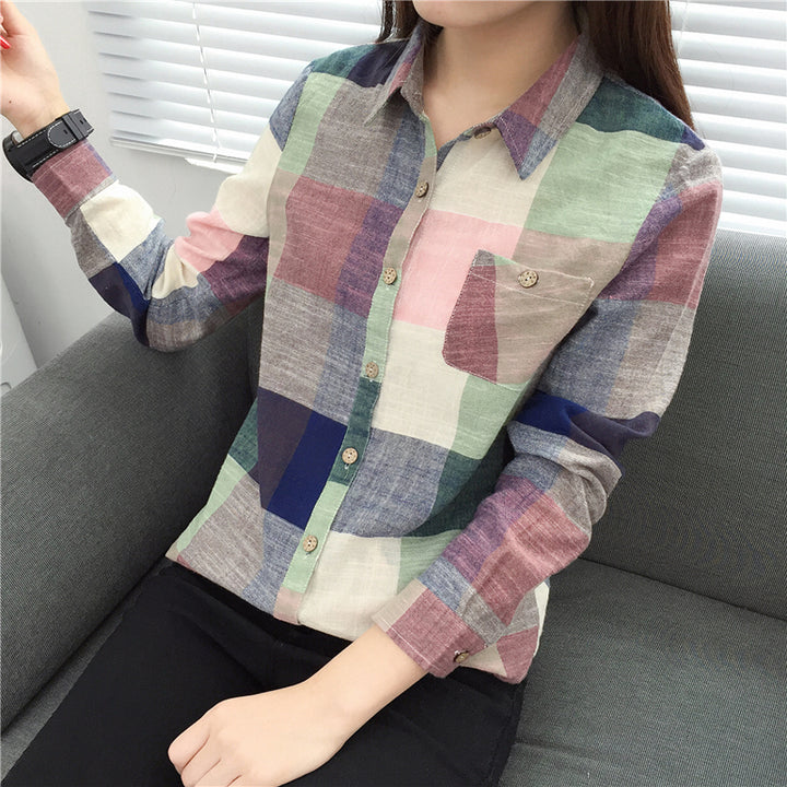 Casual Plaid Women Blouses Vintage Linen Cotton Long Female Shirts Tops - Super Amazing Store