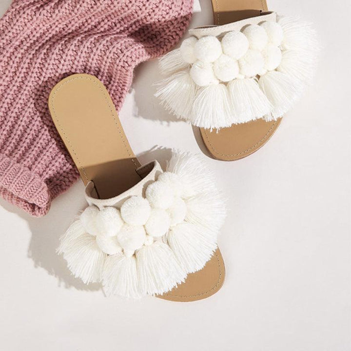 Fringed wool ball slippers - Super Amazing Store