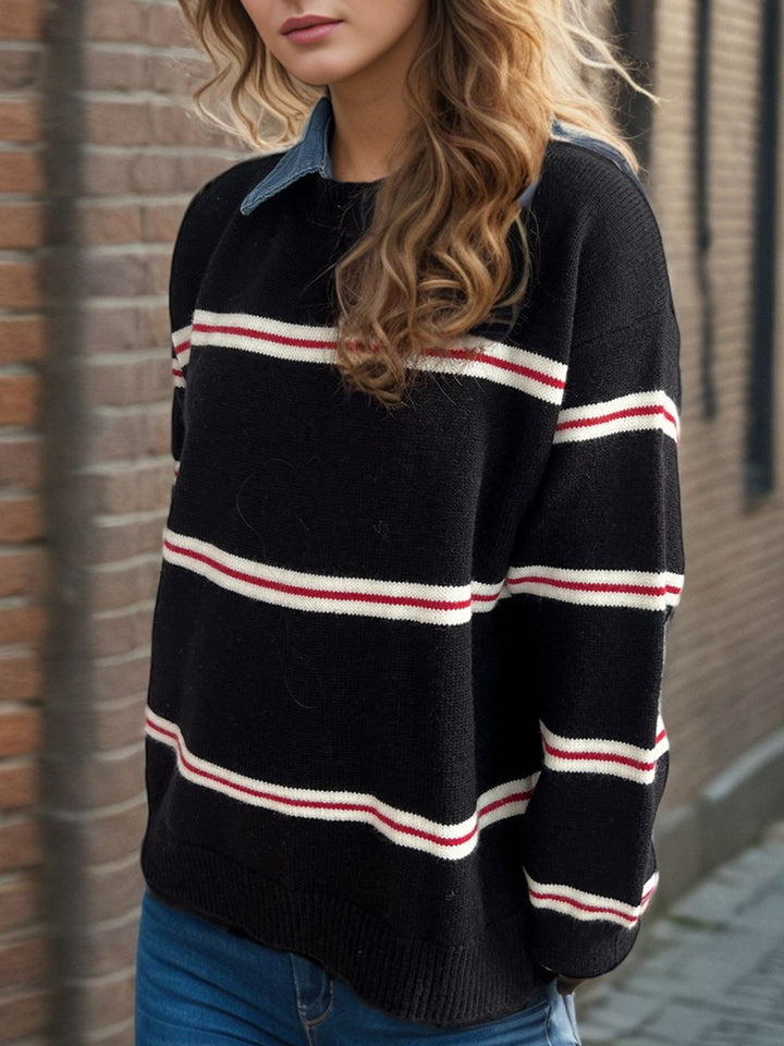 Contrast Stripes Round Neck Long Sleeve Sweater Trendsi