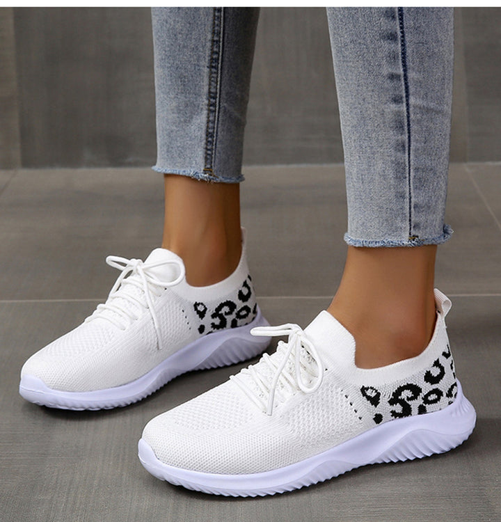 White Shoes Women Leopard Print Lace-up Sneakers Sports Q2