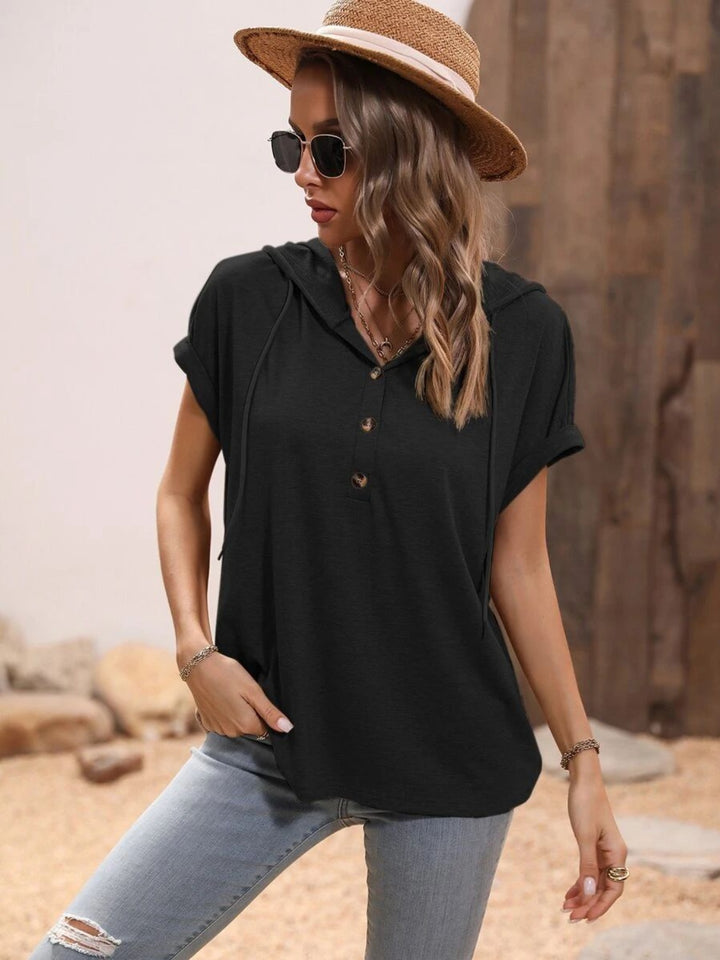 Half Button Hooded Short Sleeve Blouse Trendsi