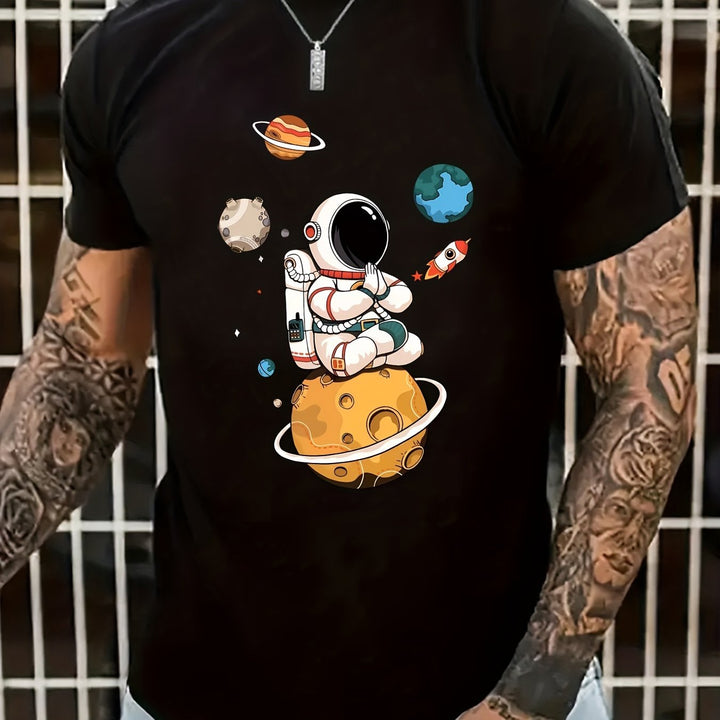 Summer Men's Casual Street Style Elastic Round Neck T-shirt With Cartoon Astronaut And Planet Patterns Super Amazing Store