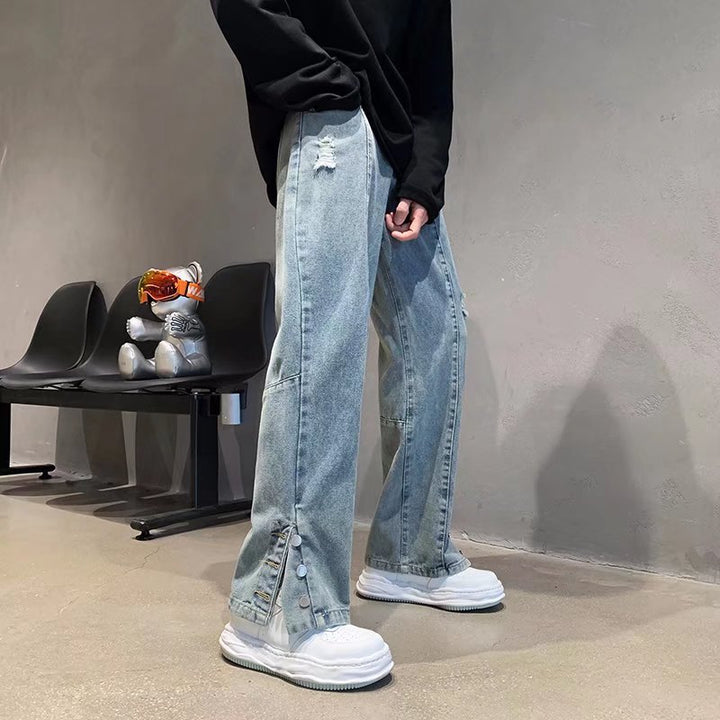 American Letter Embroidered Jeans High Street Fashion Brand Hip Hop Straight-leg Pants Q2