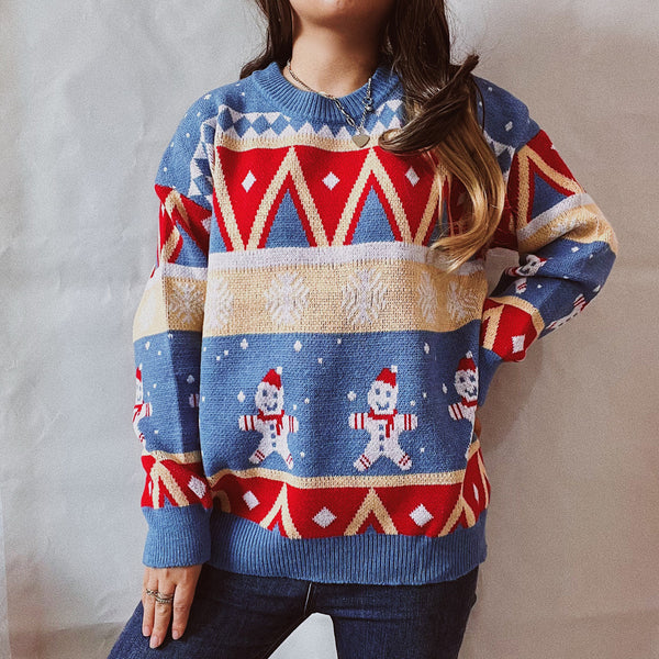 Printed Round Neck Long Sleeve Sweater Trendsi