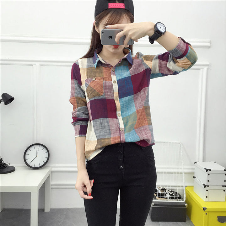 Casual Plaid Women Blouses Vintage Linen Cotton Long Female Shirts Tops - Super Amazing Store