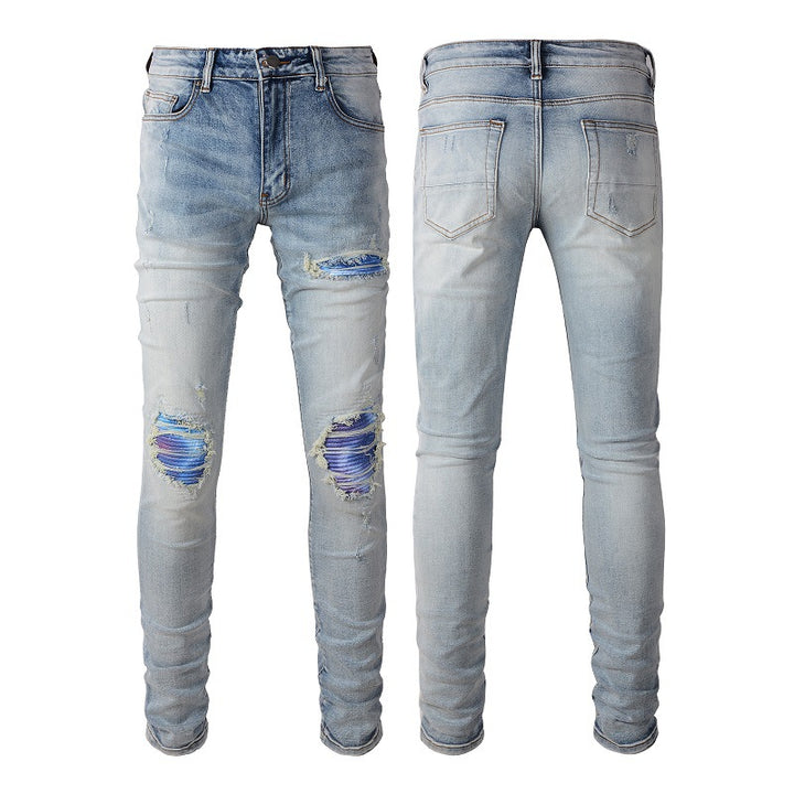 Washed Bright White Distressed Cat Beard Patch Ripped Stretch Slim Jeans Q2