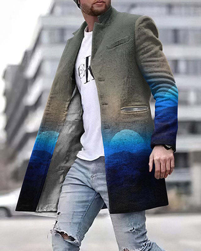 Autumn And Winter Men's Woolen Stand Collar Medium Long Pocket Casual Coat Q2