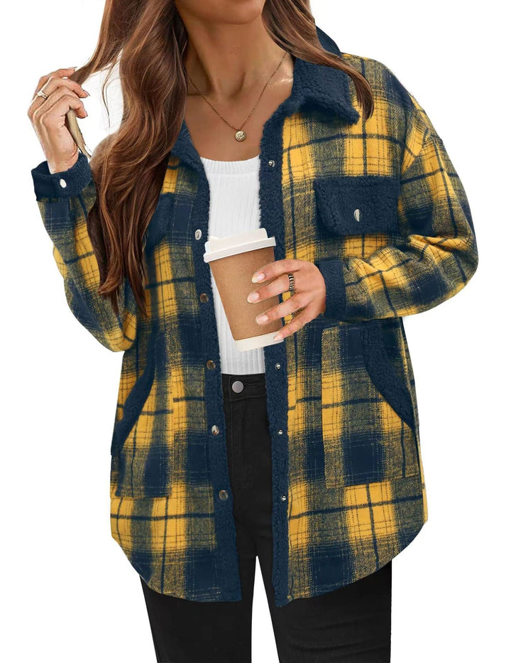 Contrast Color Plaid Jacket Casual Polo Collar Velvet Coat Super Amazing Store