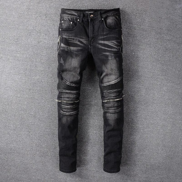 Black slim-leg motorcycle jeans - Super Amazing Store