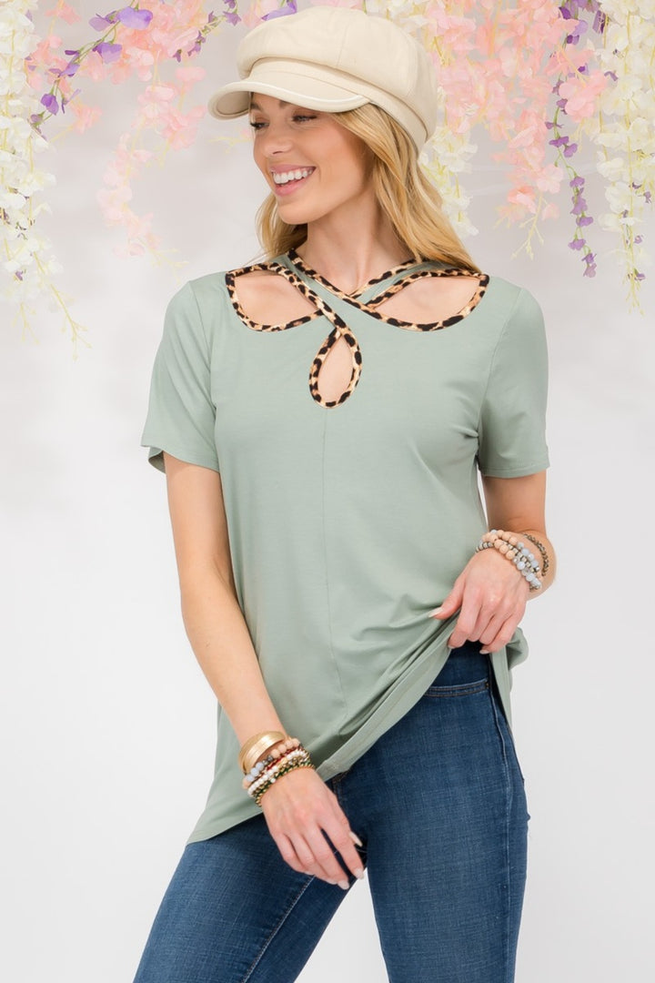 Celeste Full Size Crisscross Cutout Leopard Contrast Trim T-Shirt Trendsi