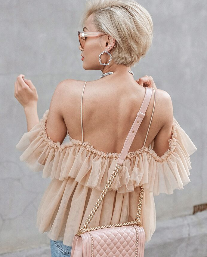 Strap ruffles Mesh Blouse Women Shirt V neck Off Shoulder Summer Blouse Tops Streetwear - Super Amazing Store