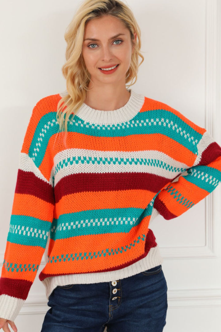 Contrast Striped Round Neck Long Sleeve Sweater Trendsi