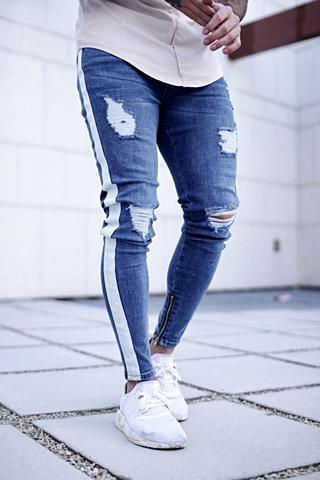 Ripped nostalgic jeans light blue zipper men's jeans-Super Amazing Store