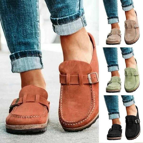 Frosted Suede Round Head Belt Buckle One Pedal Flat Comfortable Foam Bottom Slippers - Super Amazing Store