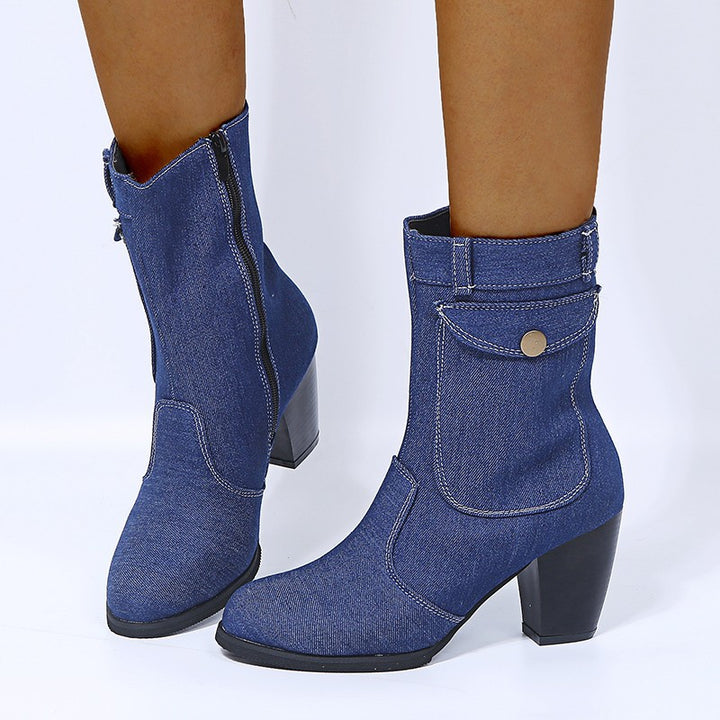 High-heeled Denim Mid-leg Boots For Women- Super Amazing Store