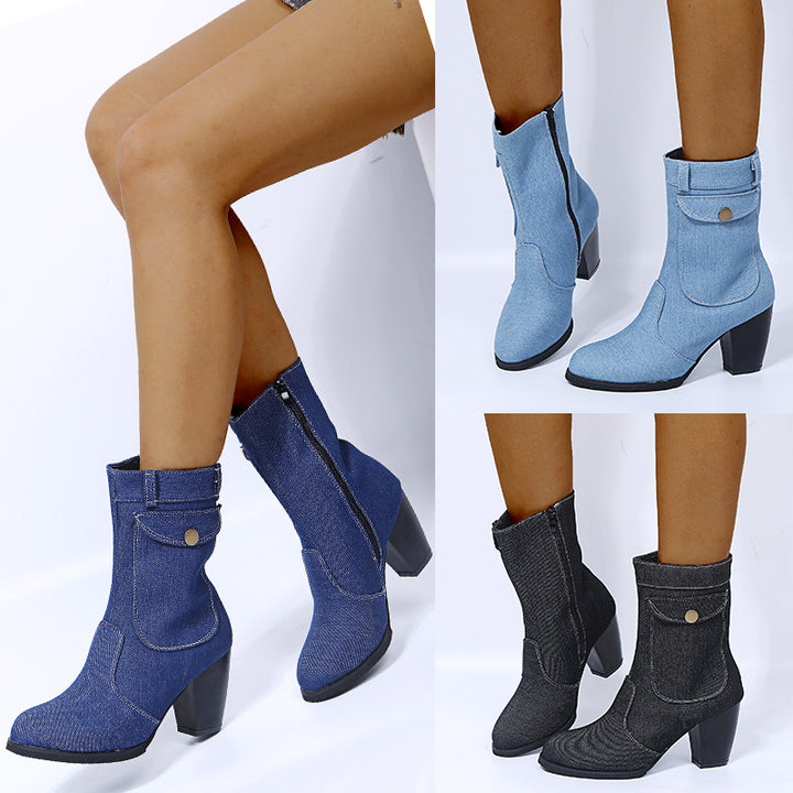 High-heeled Denim Mid-leg Boots For Women- Super Amazing Store