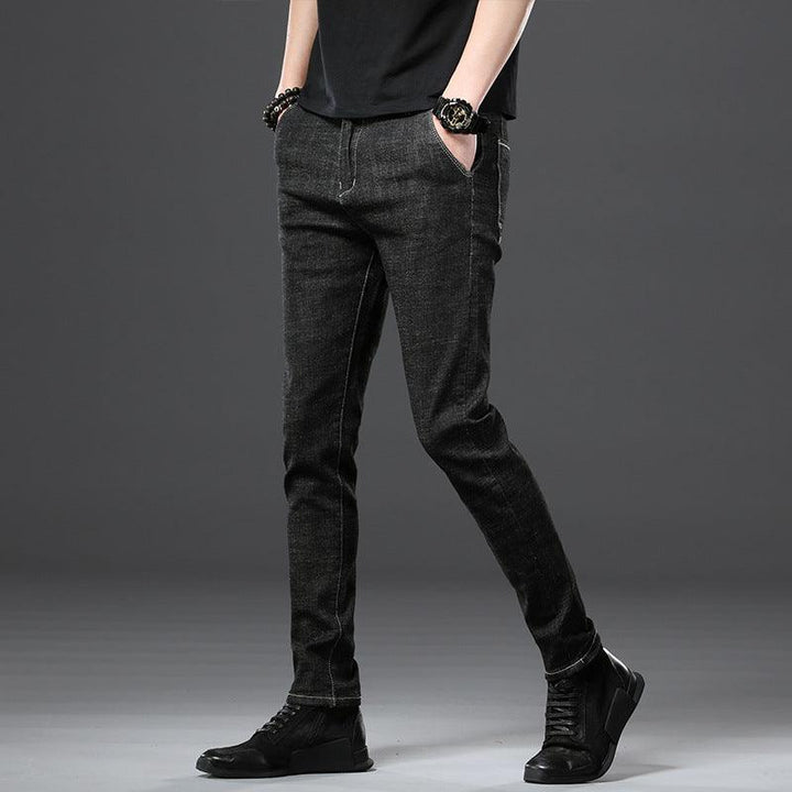 Stretch Loose Men Plus Flint Jeans Korean version popular logo slim skinny leg pants long pants black Haren pants - Super Amazing Store