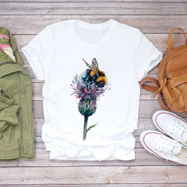 Women T-shirts Cartoon Bee Flower 90s Cute Fashion Short - Super Amazing Store