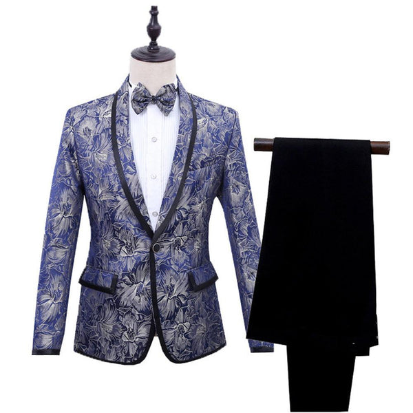 British 2-Piece Blue Brocade Suit with Green Collar - Super Amazing Store