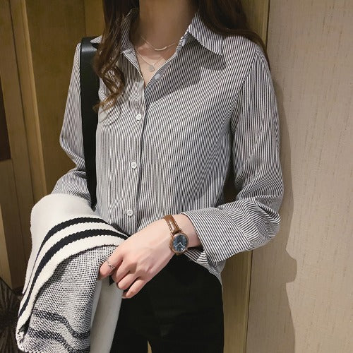 Casual Shirt Fashion Loose Long-Sleeved Vertical Striped Shirt - Super Amazing Store