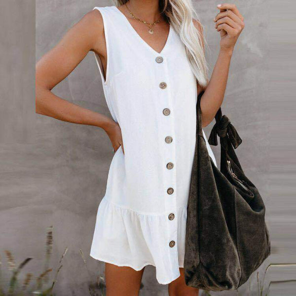 Women's Cardigan Dress Cotton And Linen Sleeveless V-Neck Single-Breasted Q2