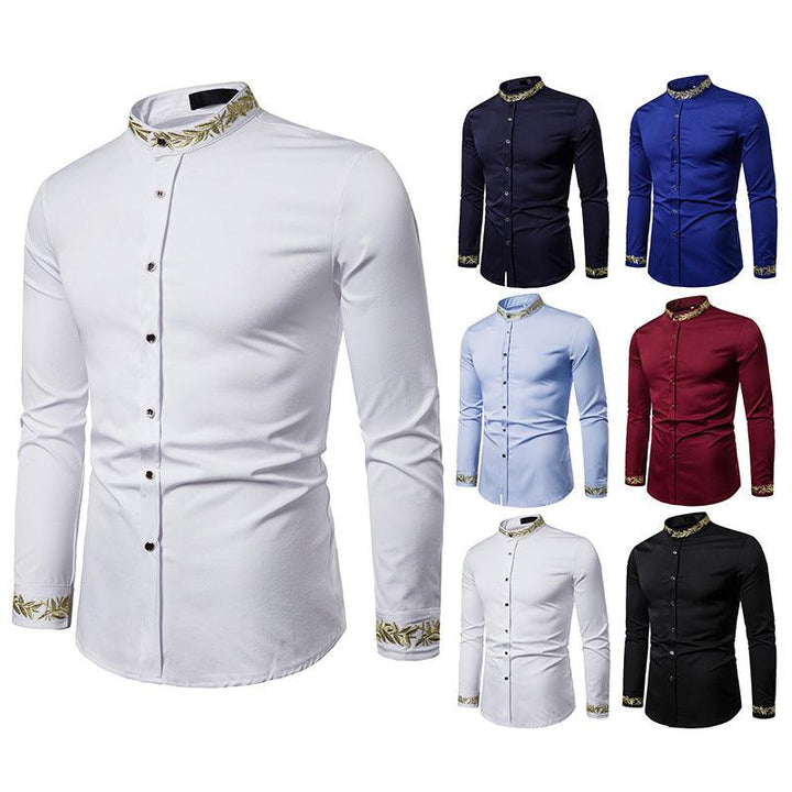 Gold Embroidery White Shirt Men Brand New Stand Collar Mens Dress Shirts Casual Slim Long Sleeve Chemise Homme Camisa Masculina - Super Amazing Store