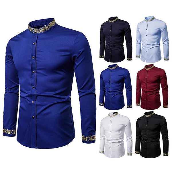 Gold Embroidery White Shirt Men Brand New Stand Collar Mens Dress Shirts Casual Slim Long Sleeve Chemise Homme Camisa Masculina - Super Amazing Store