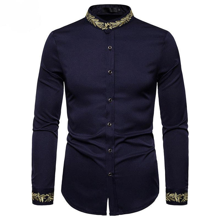 Gold Embroidery White Shirt Men Brand New Stand Collar Mens Dress Shirts Casual Slim Long Sleeve Chemise Homme Camisa Masculina - Super Amazing Store