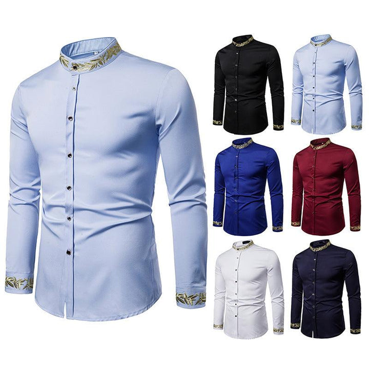 Gold Embroidery White Shirt Men Brand New Stand Collar Mens Dress Shirts Casual Slim Long Sleeve Chemise Homme Camisa Masculina - Super Amazing Store