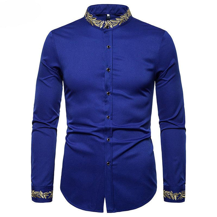 Gold Embroidery White Shirt Men Brand New Stand Collar Mens Dress Shirts Casual Slim Long Sleeve Chemise Homme Camisa Masculina - Super Amazing Store