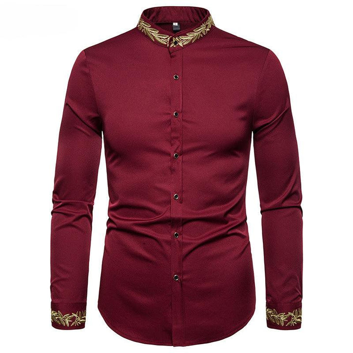 Gold Embroidery White Shirt Men Brand New Stand Collar Mens Dress Shirts Casual Slim Long Sleeve Chemise Homme Camisa Masculina - Super Amazing Store