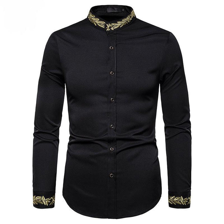 Gold Embroidery White Shirt Men Brand New Stand Collar Mens Dress Shirts Casual Slim Long Sleeve Chemise Homme Camisa Masculina - Super Amazing Store