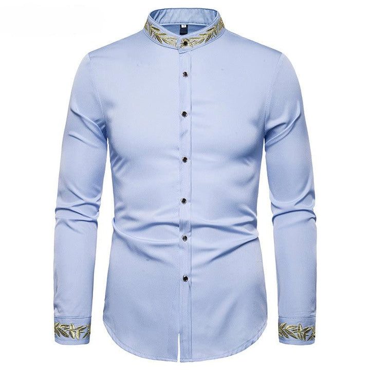 Gold Embroidery White Shirt Men Brand New Stand Collar Mens Dress Shirts Casual Slim Long Sleeve Chemise Homme Camisa Masculina - Super Amazing Store