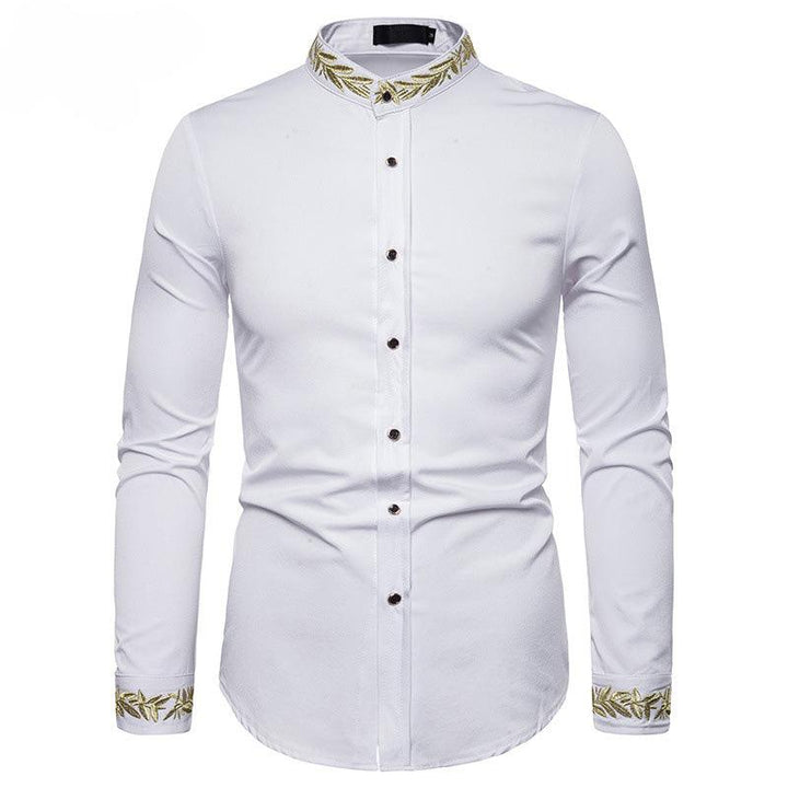 Gold Embroidery White Shirt Men Brand New Stand Collar Mens Dress Shirts Casual Slim Long Sleeve Chemise Homme Camisa Masculina - Super Amazing Store