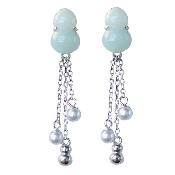 S925 Sterling Silver Natural Jade Gourd Fulu Tassel Temperament All-match Lady Long Earrings - Super Amazing Store