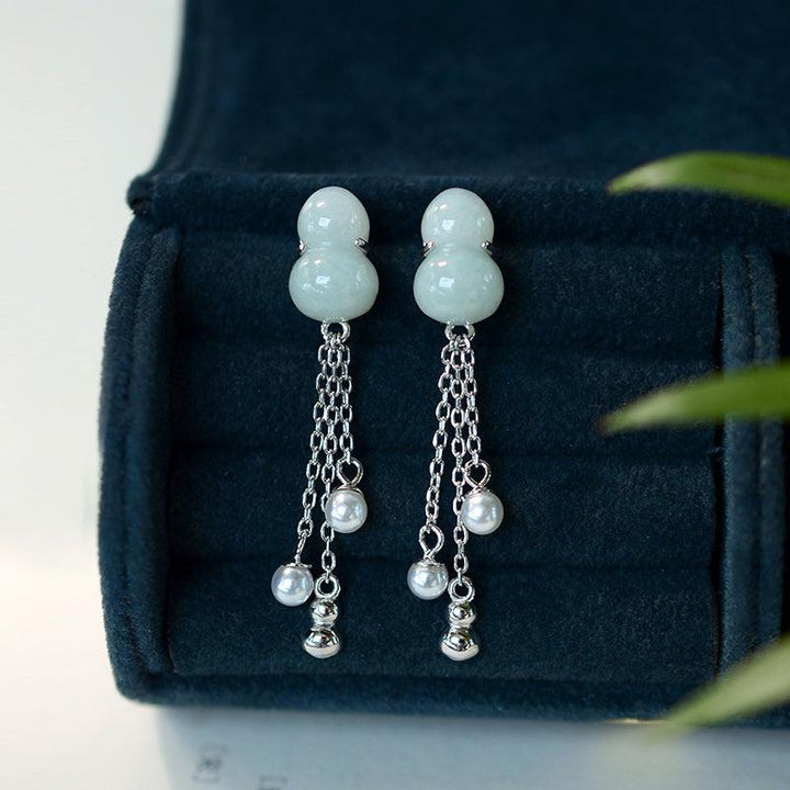 S925 Sterling Silver Natural Jade Gourd Fulu Tassel Temperament All-match Lady Long Earrings - Super Amazing Store