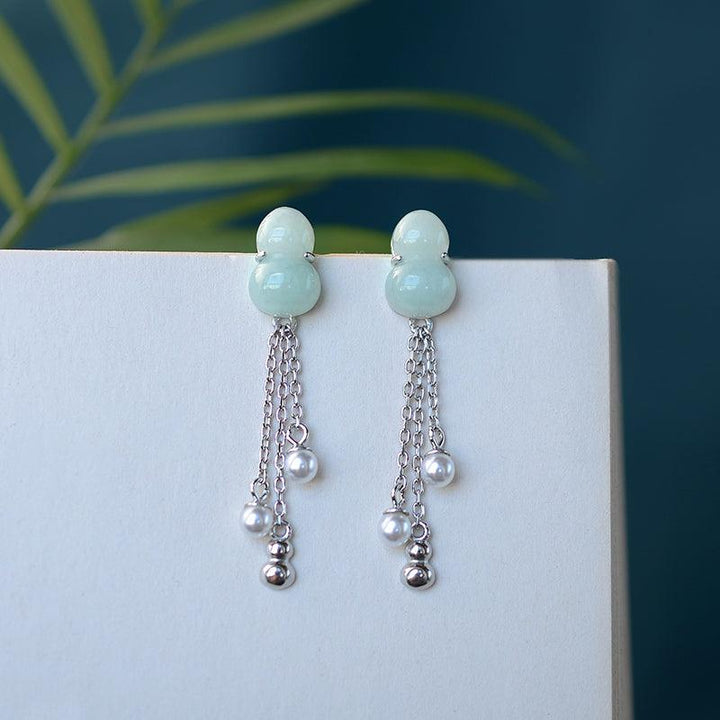 S925 Sterling Silver Natural Jade Gourd Fulu Tassel Temperament All-match Lady Long Earrings - Super Amazing Store